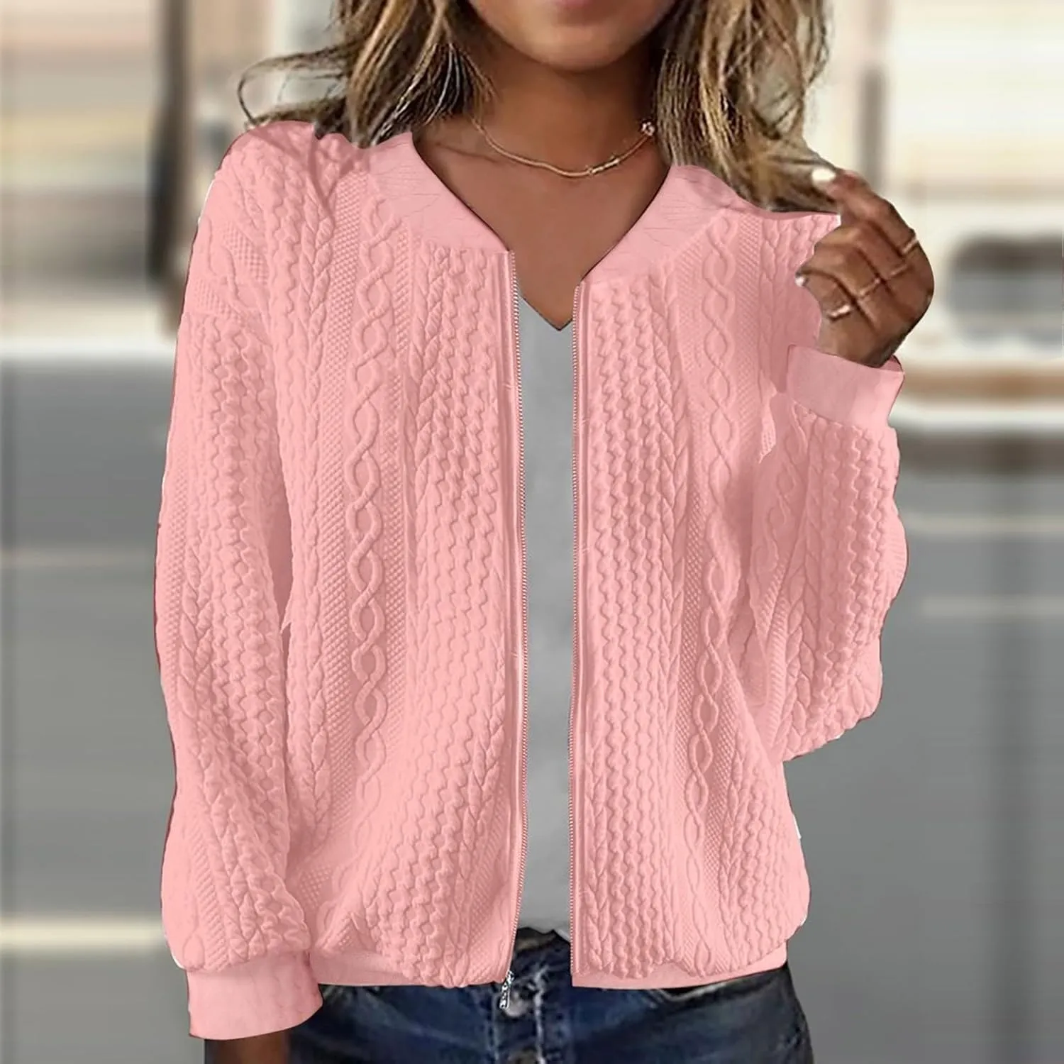 2024 Womens Short Winter Coats Dressy Casual Full Zip Up Petite Jackets Trendy Fashion Jacquard Sweater Cardigan Plus Size