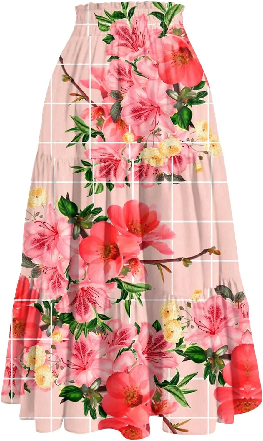 ADHOWBEW Boho Skirts for Women Flowy Trendy Beach Midi Length Plus Size Ruffle A Line Casual Cute High Waisted Spring Skirts