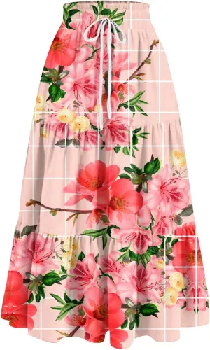 ADHOWBEW Boho Skirts for Women Flowy Trendy Beach Midi Length Plus Size Ruffle A Line Casual Cute High Waisted Spring Skirts