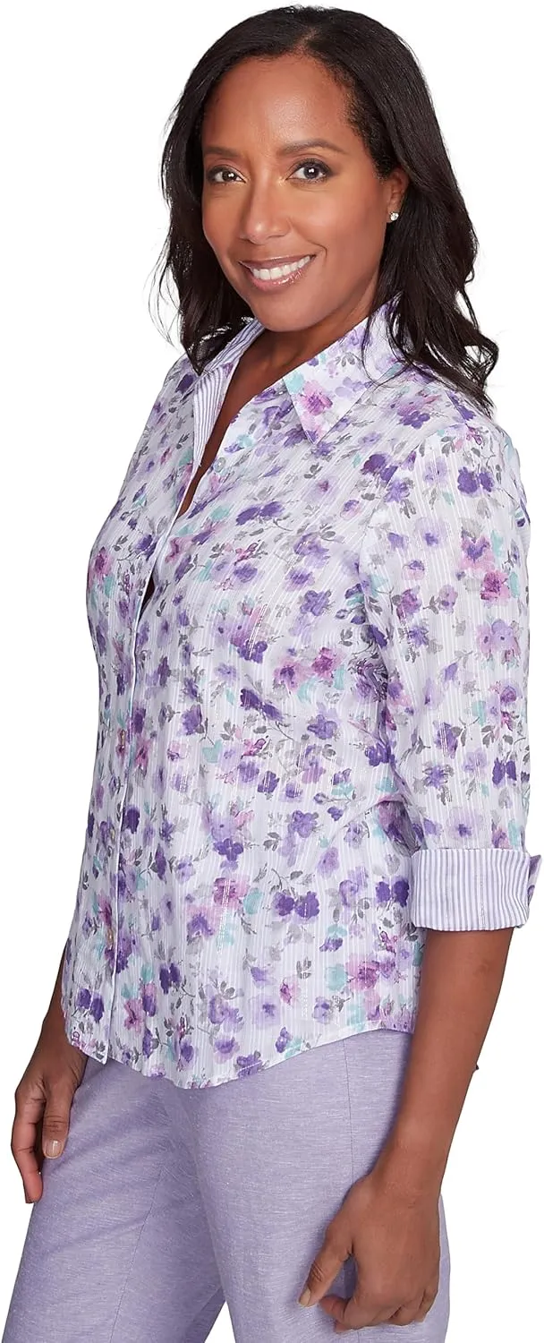 Alfred Dunner Flower with Contrast Strip Button Down Blouse