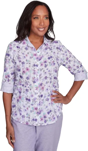 Alfred Dunner Flower with Contrast Strip Button Down Blouse
