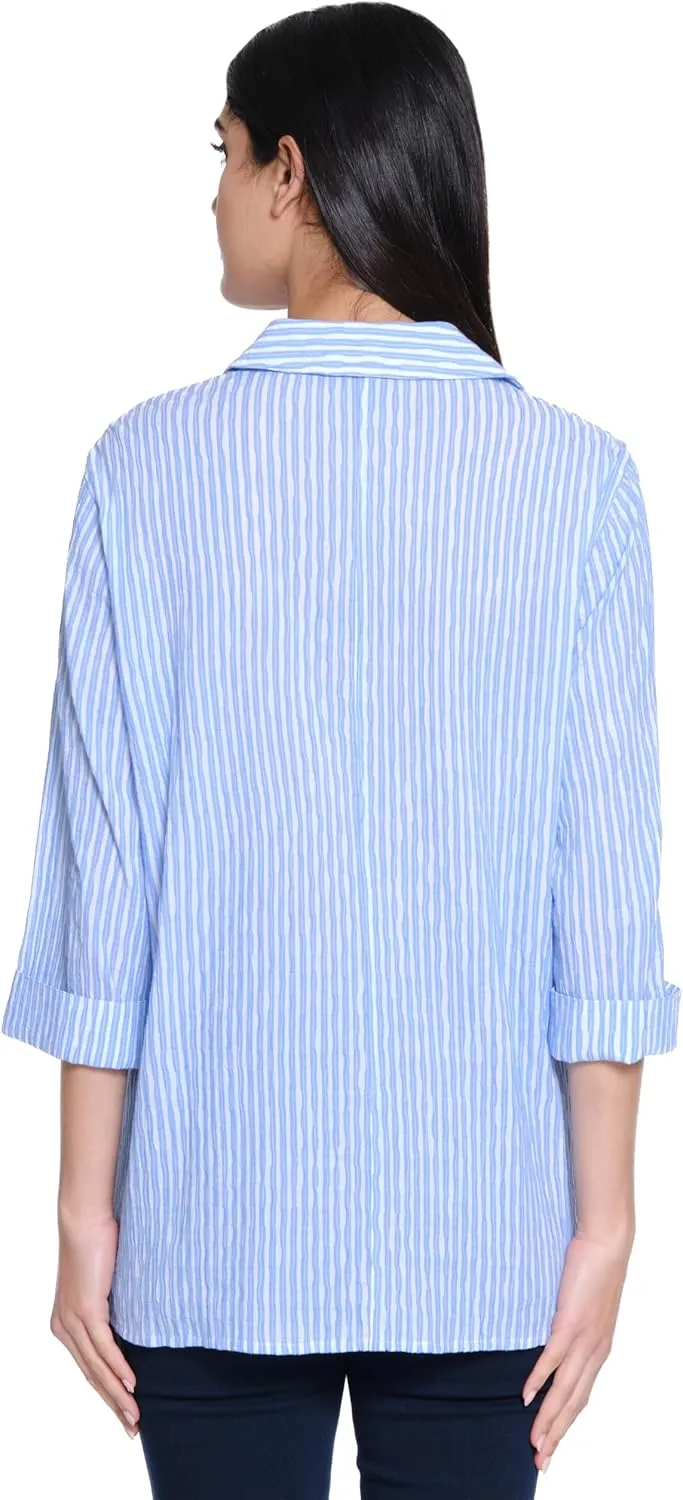 Ali Miles Women's Woven Yarn Dye Button Blouse Wire Collar Front Pocket