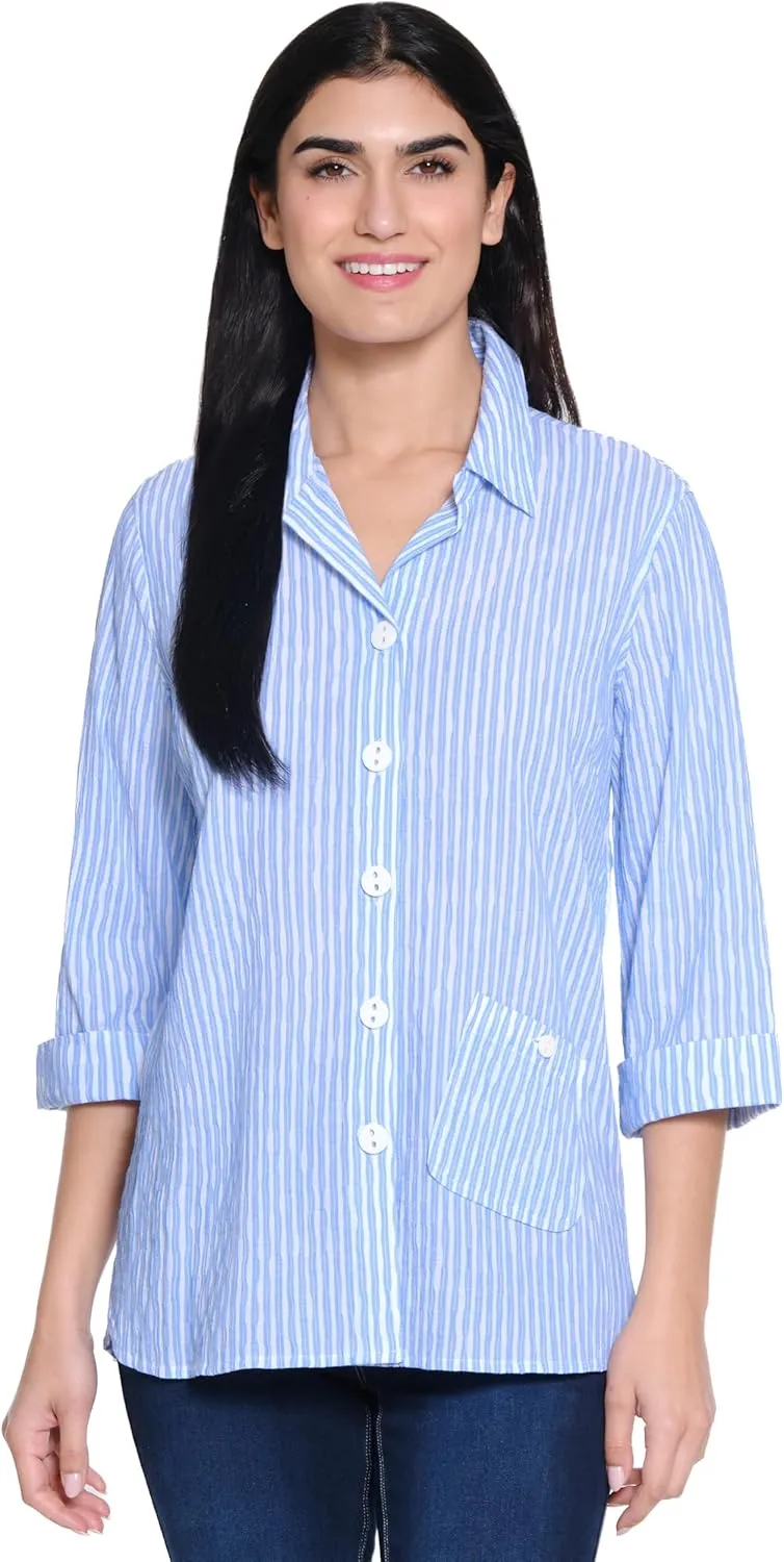 Ali Miles Women's Woven Yarn Dye Button Blouse Wire Collar Front Pocket