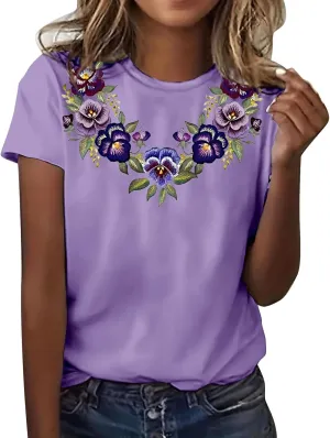 Alzheimers Awareness Shirts Women Summer Floral Print Tops O Neck Short Sleeve Lightweight Breathable Basic Clothing