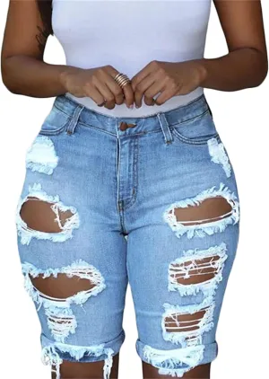 Andongnywell Womens Ripped Frayed Raw Hem High Rise Denim Shorts Casual Jean Shorts Girls Stretch Distressed Short Jeans