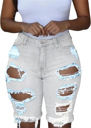 Andongnywell Womens Ripped Frayed Raw Hem High Rise Denim Shorts Casual Jean Shorts Girls Stretch Distressed Short Jeans
