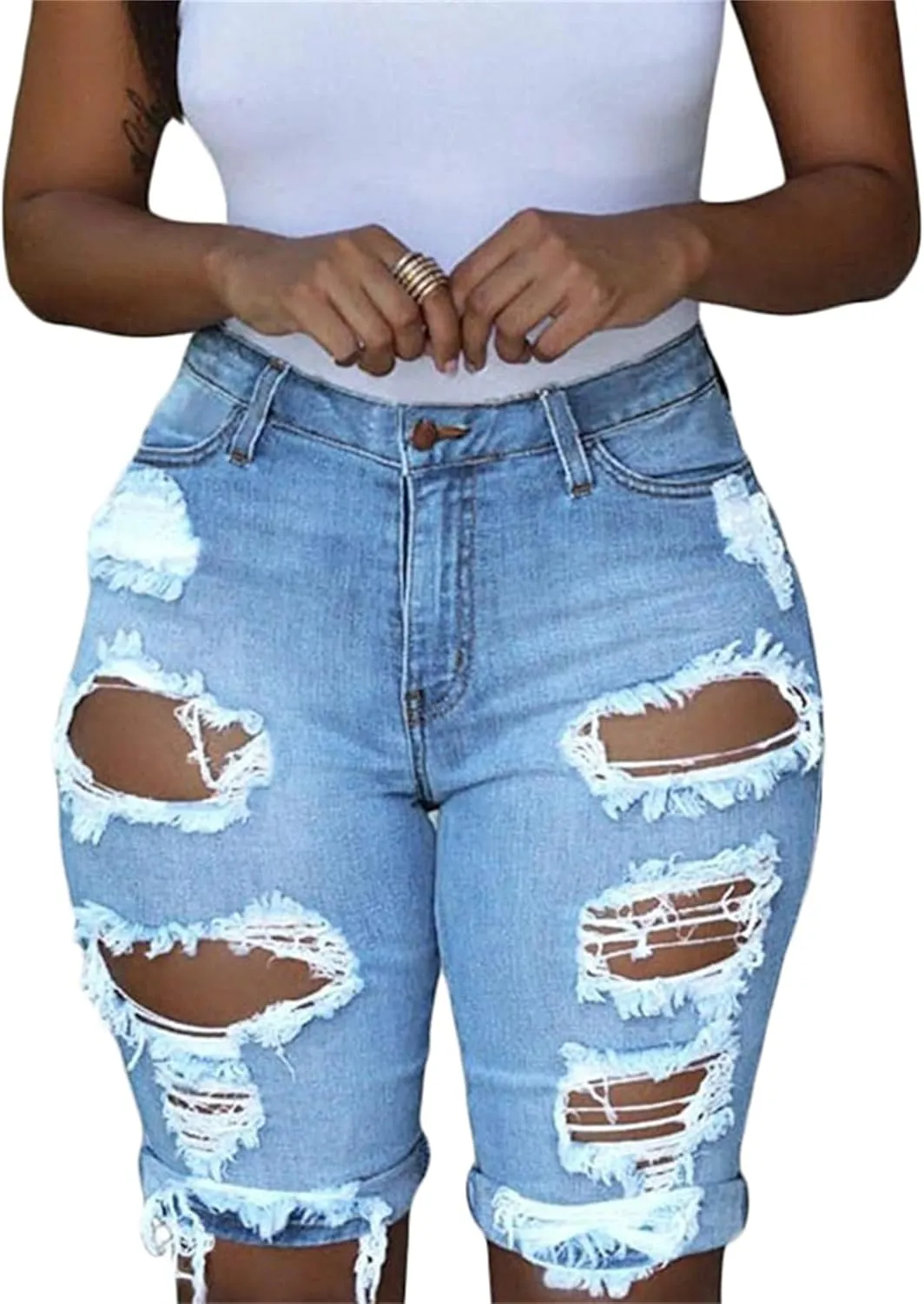 Andongnywell Womens Ripped Frayed Raw Hem High Rise Denim Shorts Casual Jean Shorts Girls Stretch Distressed Short Jeans