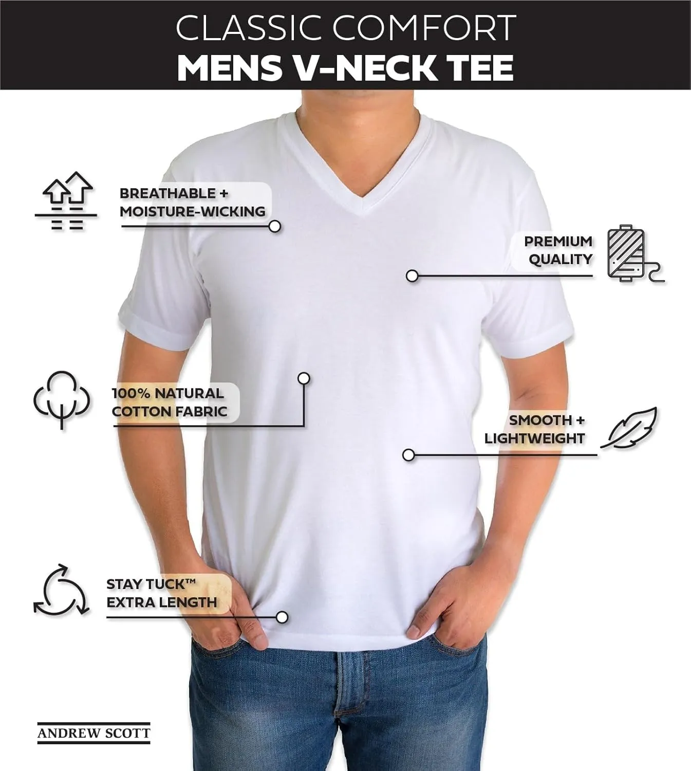 Andrew Scott Men's 3 Pack V Neck Light Weight Pure Cotton T Shirts