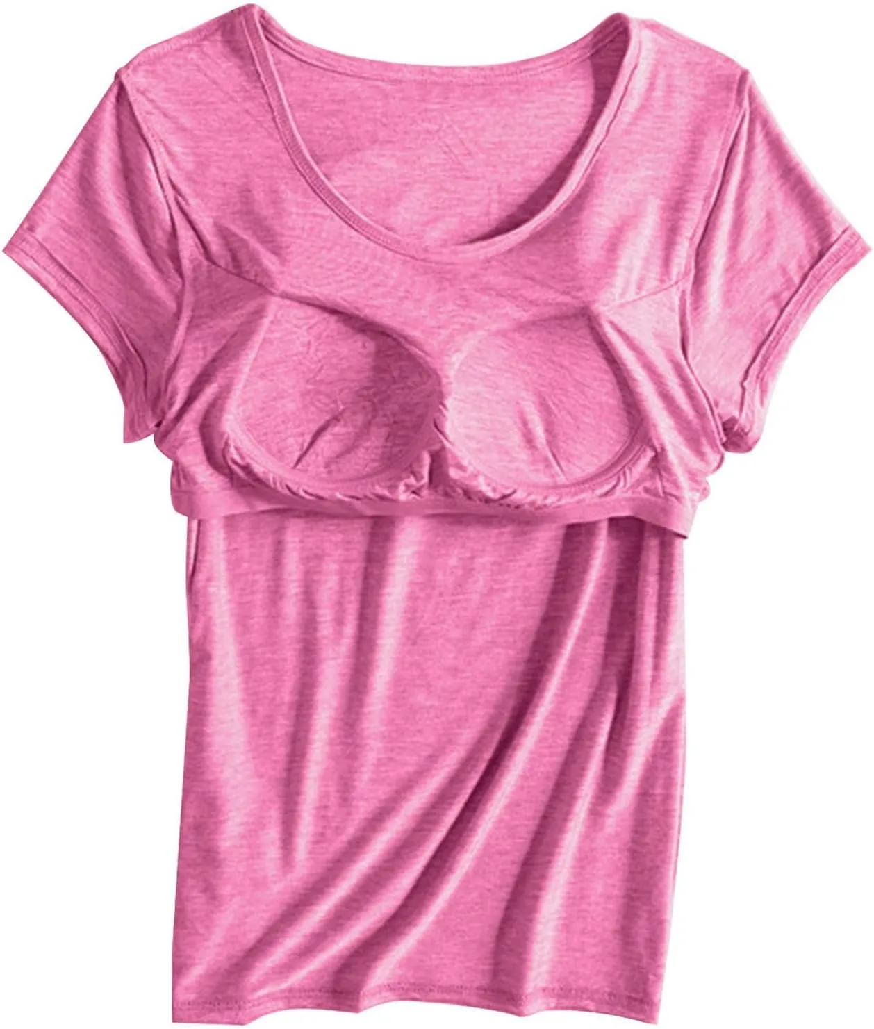 Basic Tees for Women Built in Bra Short Sleeve Crewneck Tops Workout Yoga T Shirts Summer Blouses 2025