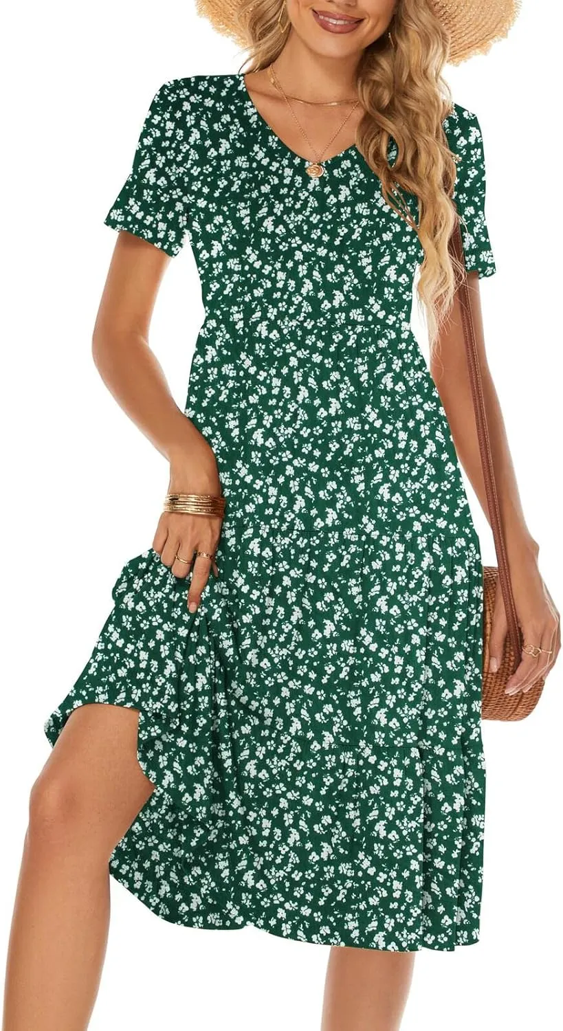 Berydress Women's Casual Summer Tiered Midi Dress 2025 Short Sleeve V-Neck Loose Cotton Ruffle Babydoll Dress Boho Sundress