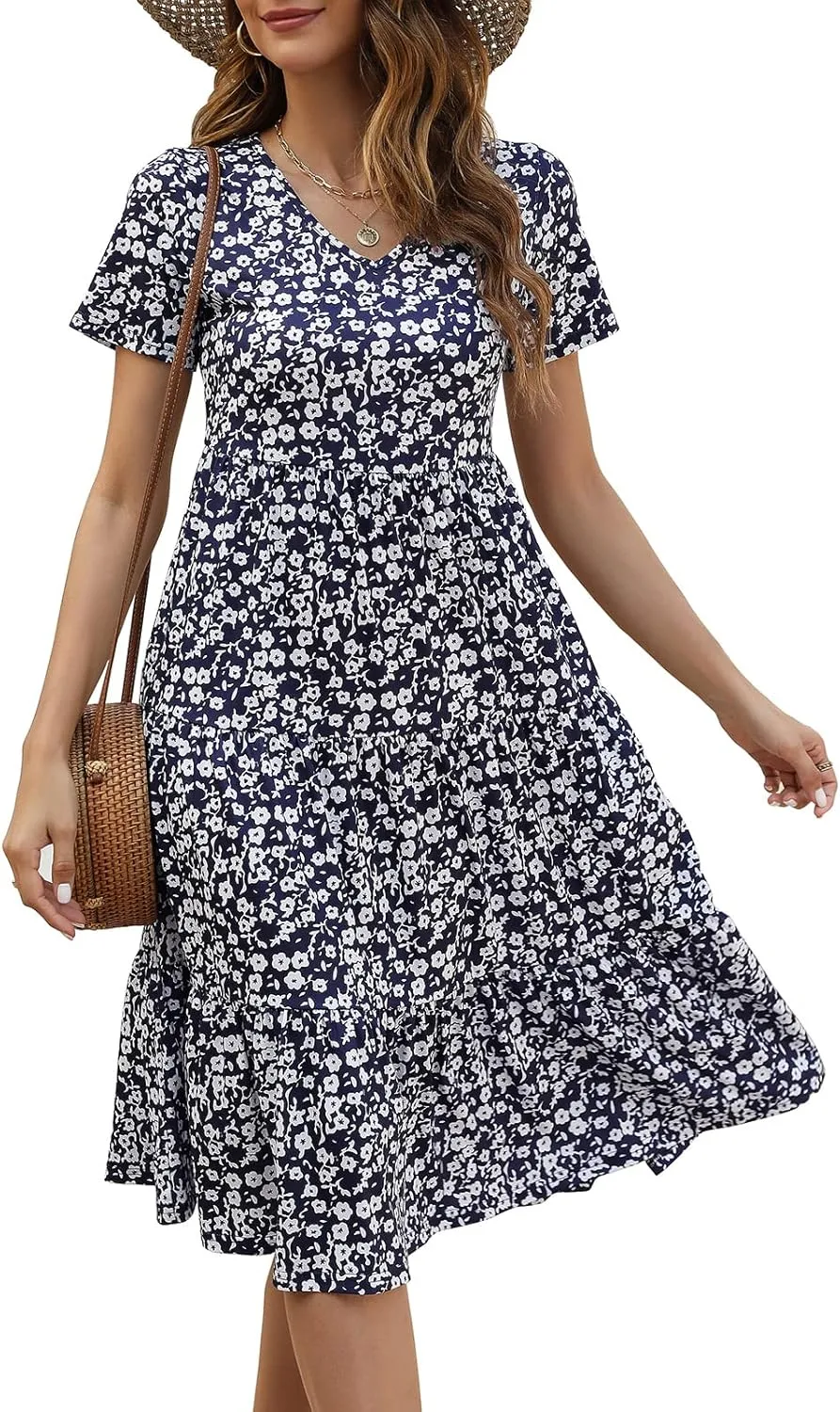 Berydress Women's Casual Summer Tiered Midi Dress 2025 Short Sleeve V-Neck Loose Cotton Ruffle Babydoll Dress Boho Sundress
