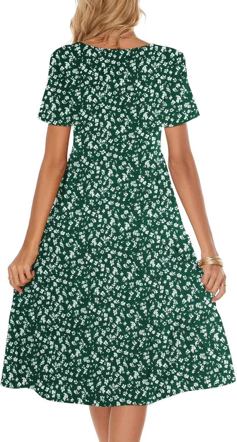 Berydress Women's Casual Summer Tiered Midi Dress 2025 Short Sleeve V-Neck Loose Cotton Ruffle Babydoll Dress Boho Sundress