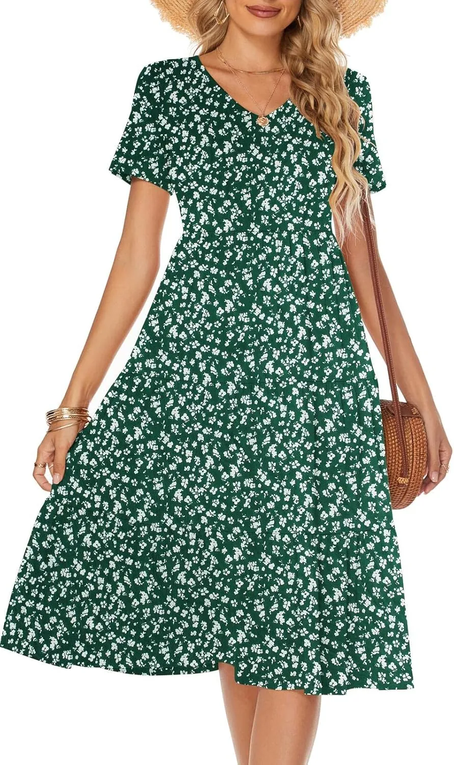 Berydress Women's Casual Summer Tiered Midi Dress 2025 Short Sleeve V-Neck Loose Cotton Ruffle Babydoll Dress Boho Sundress