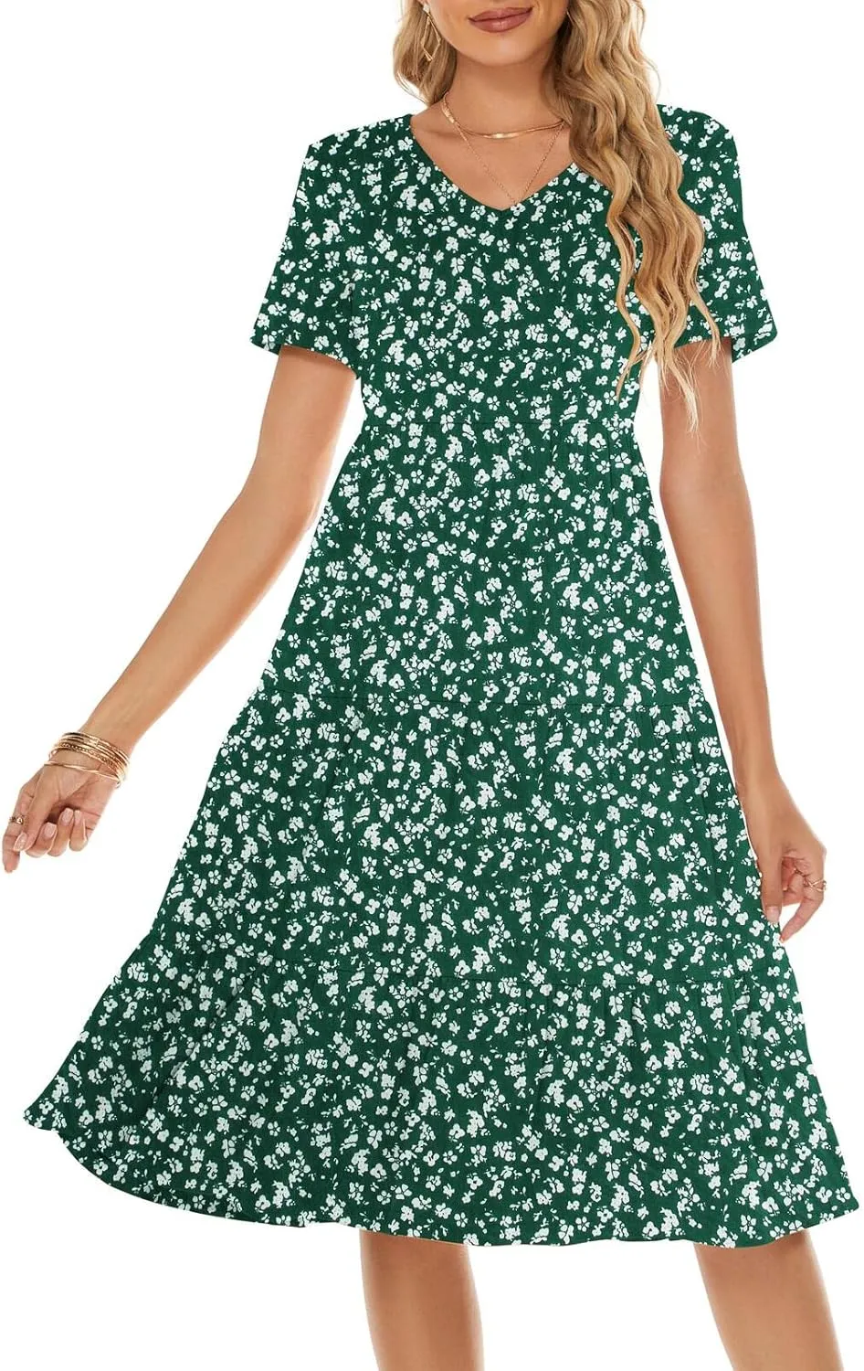 Berydress Women's Casual Summer Tiered Midi Dress 2025 Short Sleeve V-Neck Loose Cotton Ruffle Babydoll Dress Boho Sundress