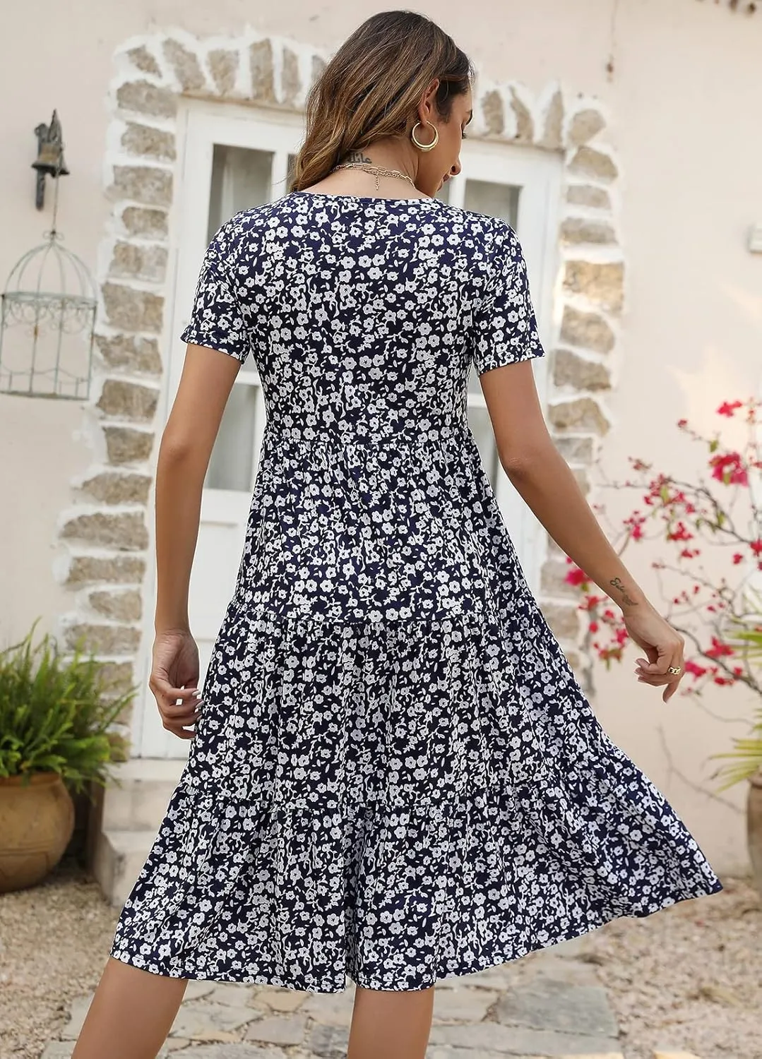 Berydress Women's Casual Summer Tiered Midi Dress 2025 Short Sleeve V-Neck Loose Cotton Ruffle Babydoll Dress Boho Sundress