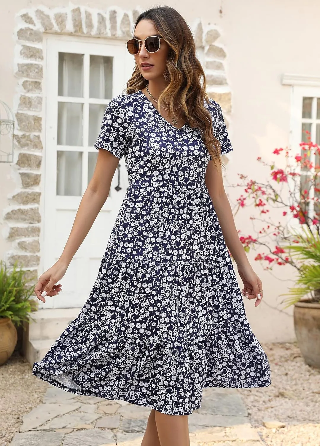 Berydress Women's Casual Summer Tiered Midi Dress 2025 Short Sleeve V-Neck Loose Cotton Ruffle Babydoll Dress Boho Sundress