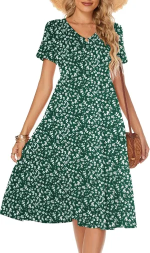 Berydress Women's Casual Summer Tiered Midi Dress 2025 Short Sleeve V-Neck Loose Cotton Ruffle Babydoll Dress Boho Sundress