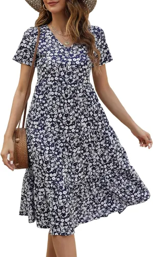Berydress Women's Casual Summer Tiered Midi Dress 2025 Short Sleeve V-Neck Loose Cotton Ruffle Babydoll Dress Boho Sundress