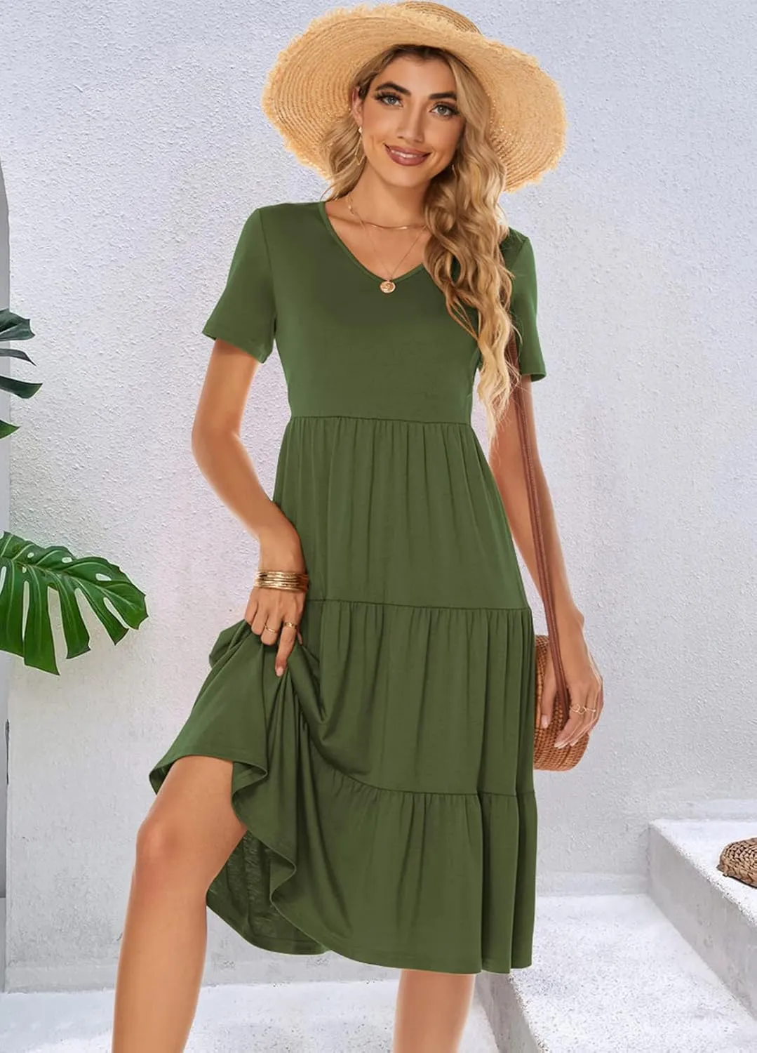 Berydress Women's Casual Summer Tiered Midi Dress 2025 Short Sleeve V-Neck Loose Cotton Ruffle Babydoll Dress Boho Sundress