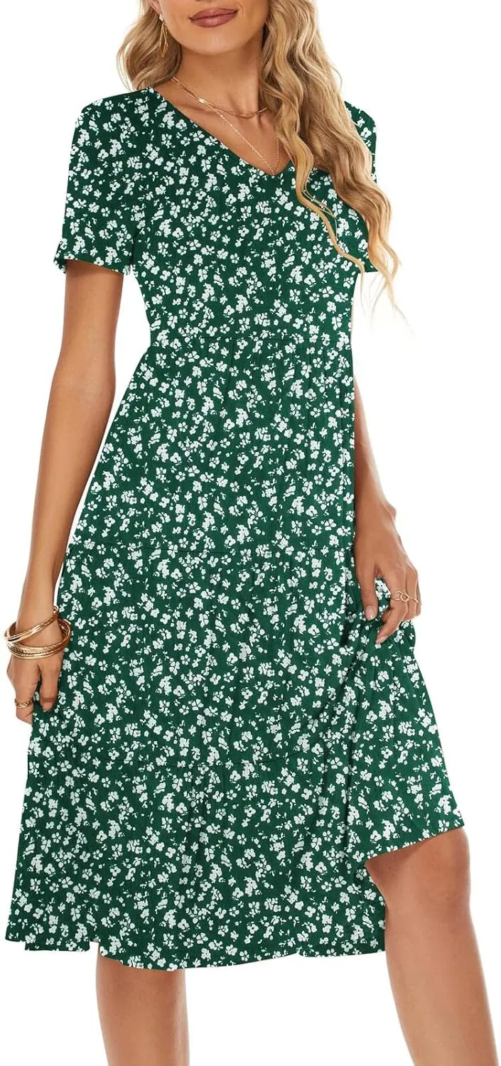 Berydress Women's Casual Summer Tiered Midi Dress 2025 Short Sleeve V-Neck Loose Cotton Ruffle Babydoll Dress Boho Sundress