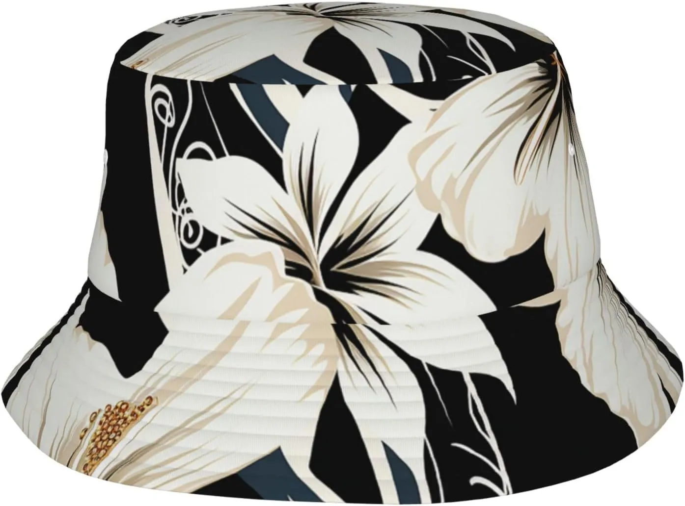 Black and White Hawaiian Flowers Bucket Hat Packable Breathable Sun Hats Fisherman Hats Outdoor Summer Travel Hiking Beach Caps for Men Women