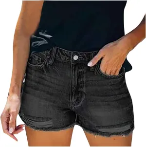 Black Denim Shorts for Women Cute High Rise Stretch Mom Shorts Jeans Pure Color Raw Hem Hot Short Pants