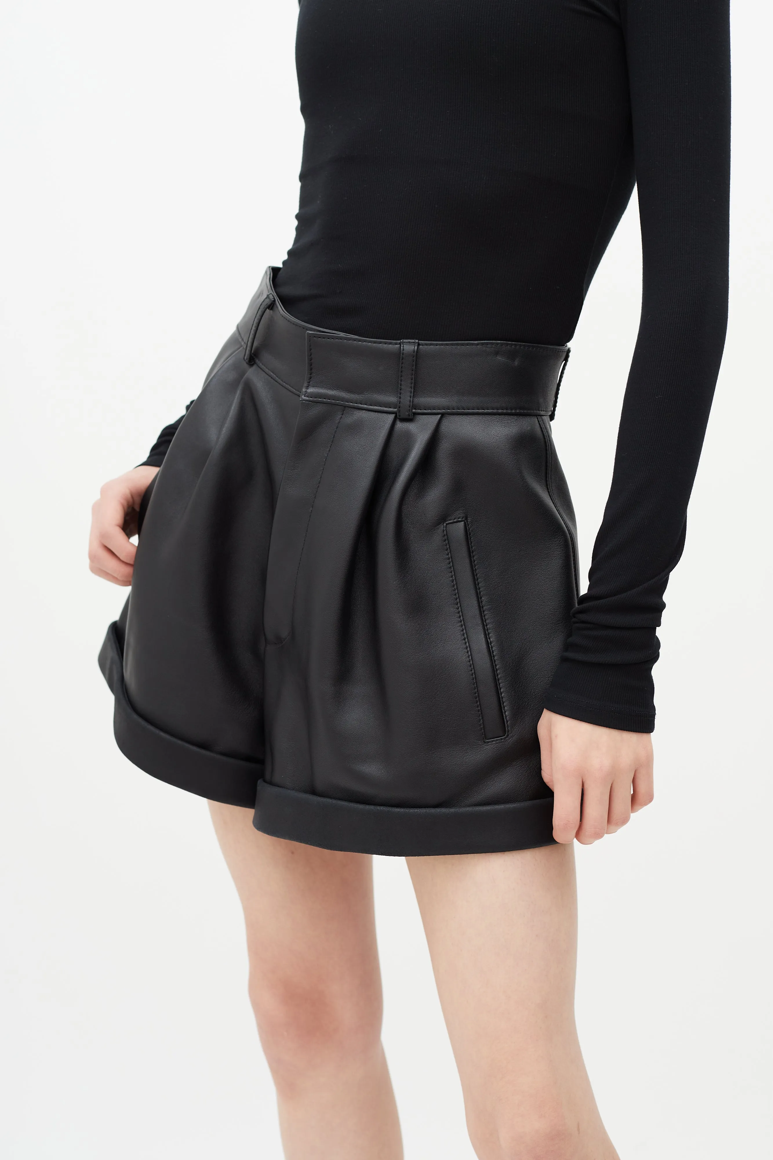 Black Pleated Leather Short