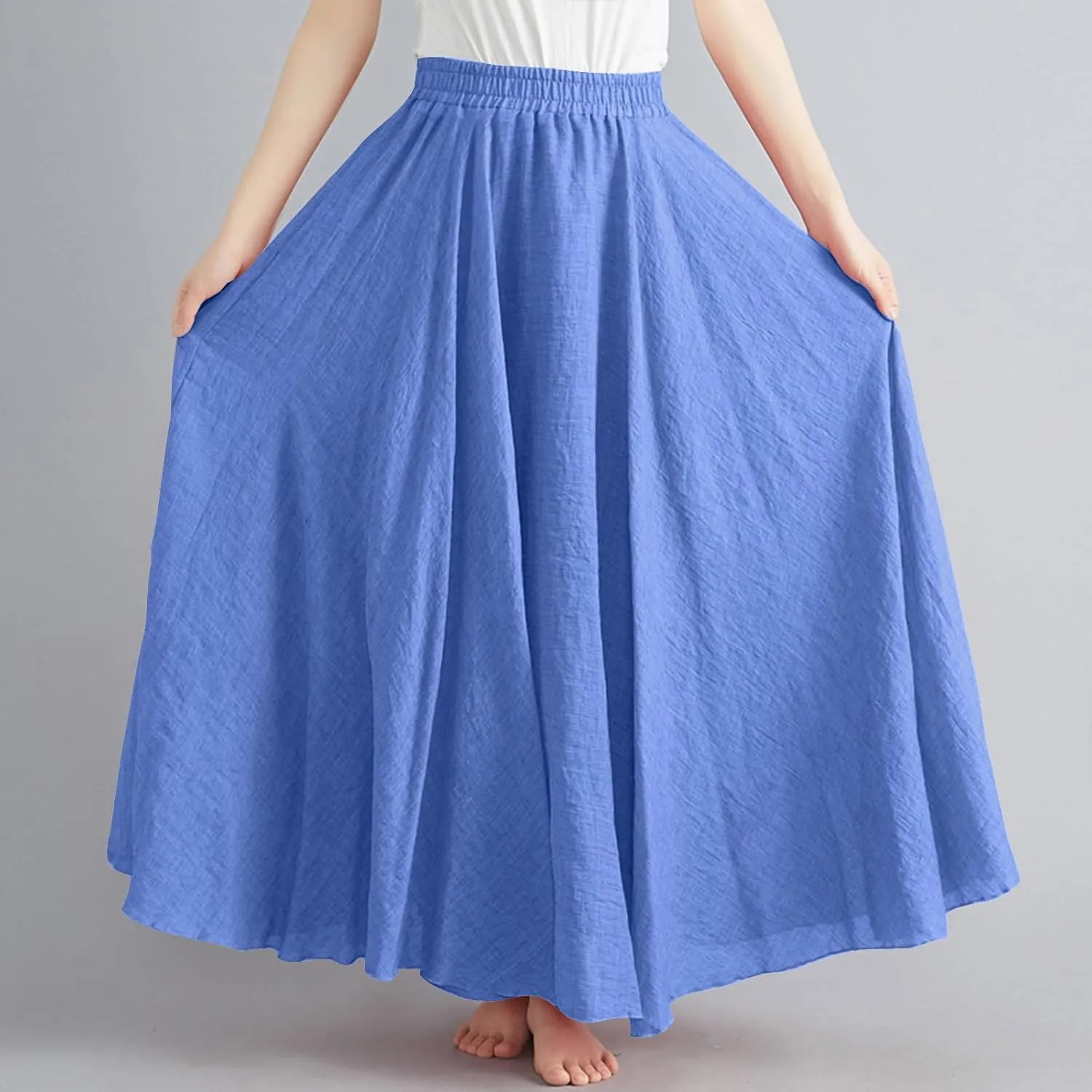 Bohemian Beach Maxi Skirts Womens Summer Solid Linen Elastic Waist Pleated Skirt Casual Fashion Flowy A-Line Skirts