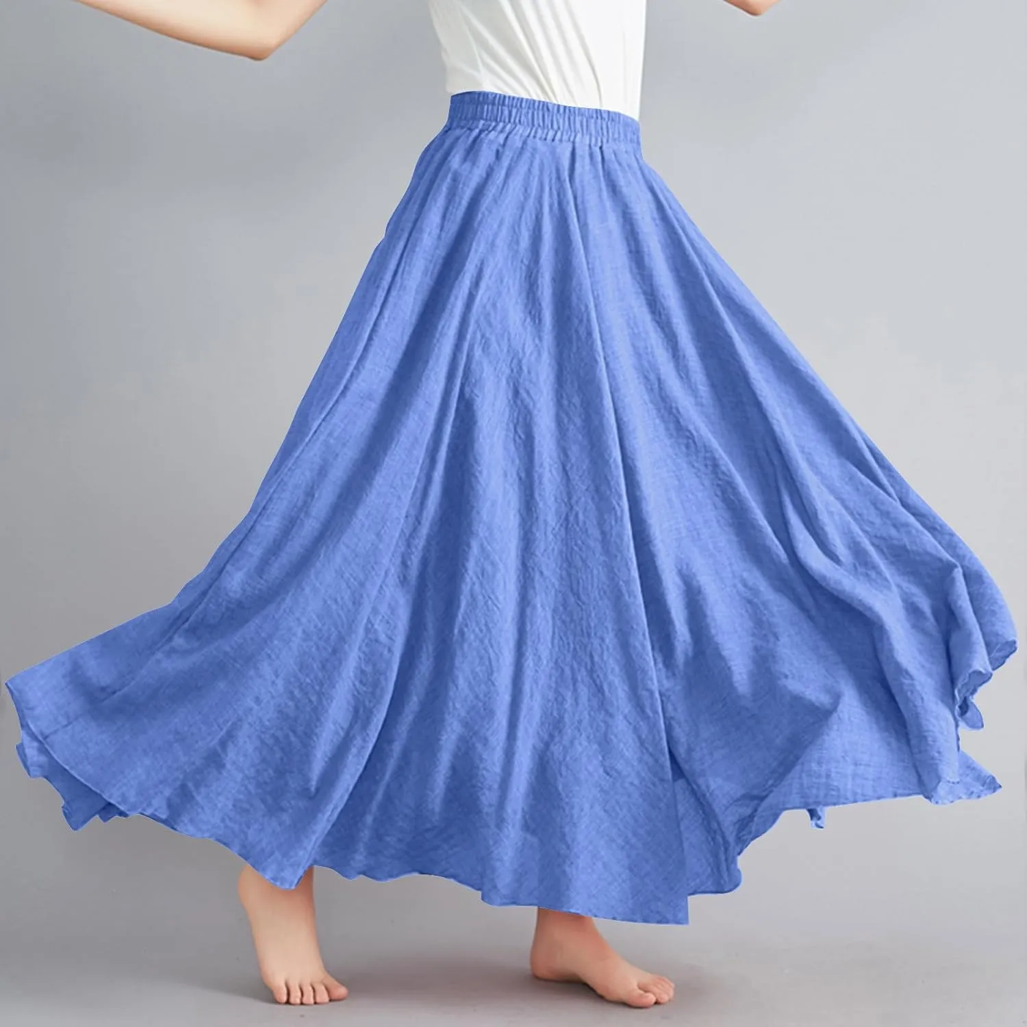Bohemian Beach Maxi Skirts Womens Summer Solid Linen Elastic Waist Pleated Skirt Casual Fashion Flowy A-Line Skirts