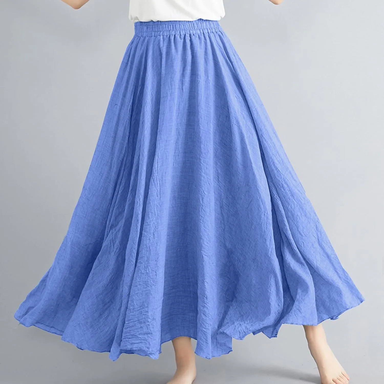 Bohemian Beach Maxi Skirts Womens Summer Solid Linen Elastic Waist Pleated Skirt Casual Fashion Flowy A-Line Skirts