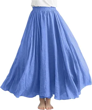 Bohemian Beach Maxi Skirts Womens Summer Solid Linen Elastic Waist Pleated Skirt Casual Fashion Flowy A-Line Skirts