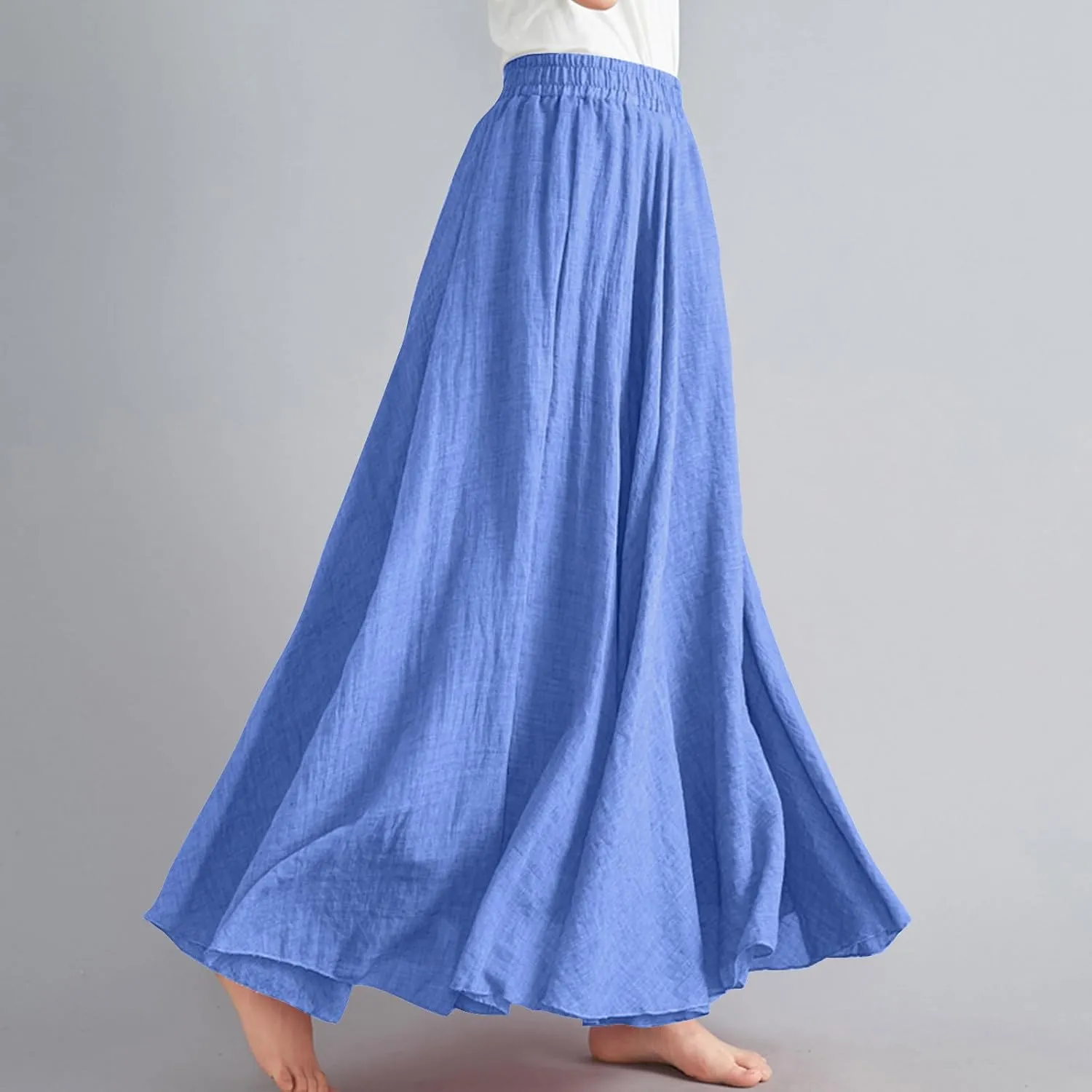 Bohemian Beach Maxi Skirts Womens Summer Solid Linen Elastic Waist Pleated Skirt Casual Fashion Flowy A-Line Skirts