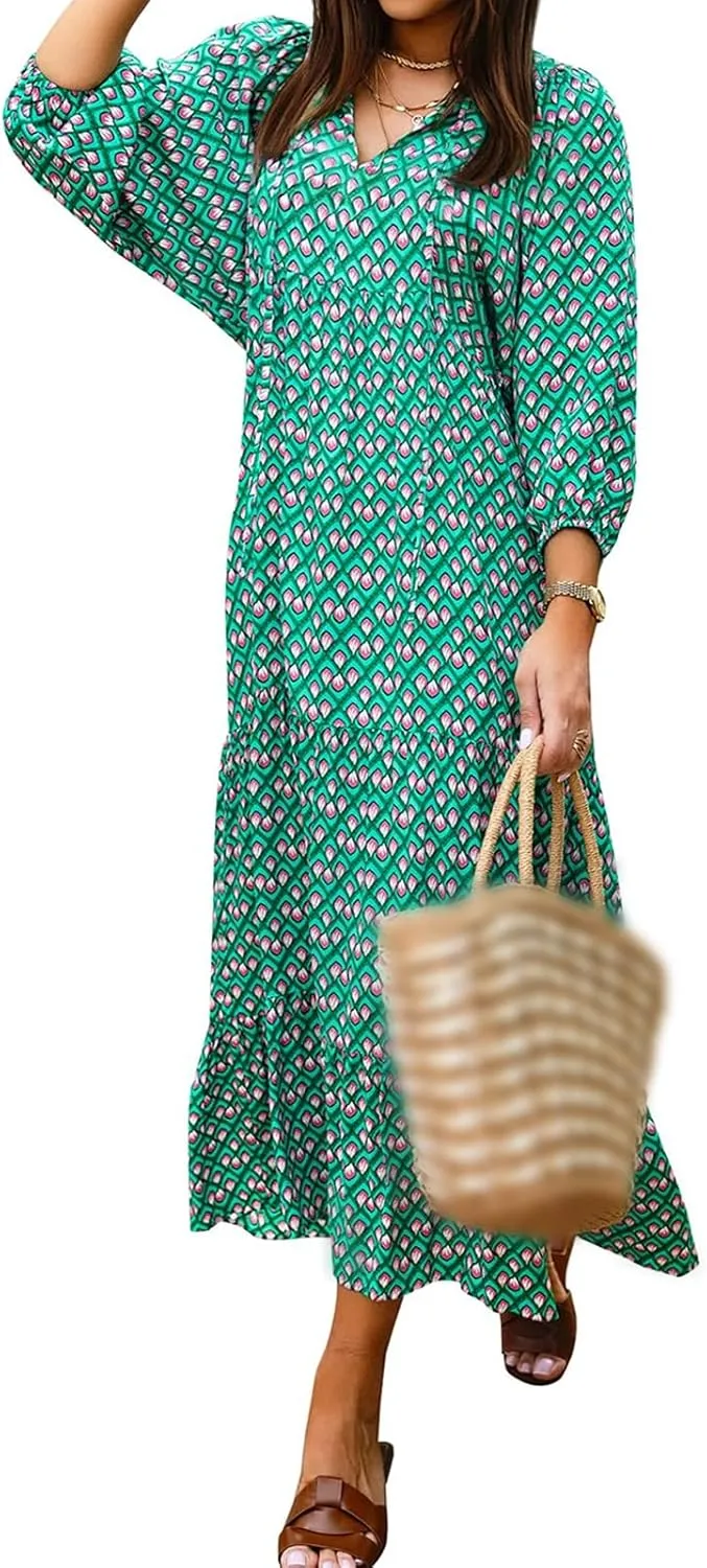 Boho Dresses for Women 2025 V Neck Maxi Dresses Puff 3/4 Sleeve Floral Dress Smocked Ruffle Flowy Casual Dress