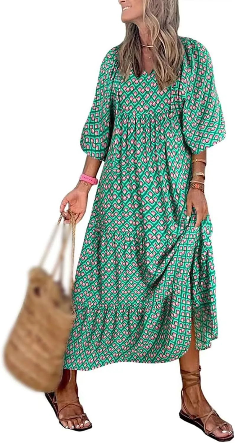 Boho Dresses for Women 2025 V Neck Maxi Dresses Puff 3/4 Sleeve Floral Dress Smocked Ruffle Flowy Casual Dress