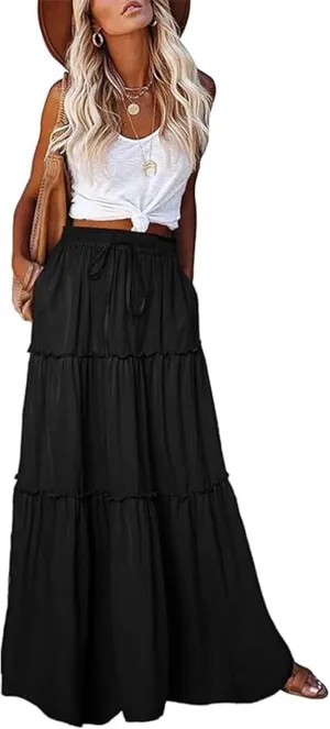 Boho Floral Skirt for Women High Waist A Line Flowy Tiered Skirts Summer Pleated Ruffle Long Maxi Skirt with Pockets