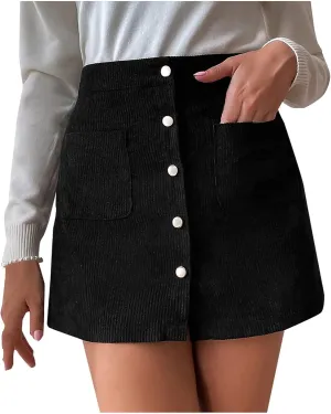BTDECLAR Women's Button Front Mini Skirt Trendy Work Business High Waist A-line Pleated Corduroy Skater Skirts with Pockets
