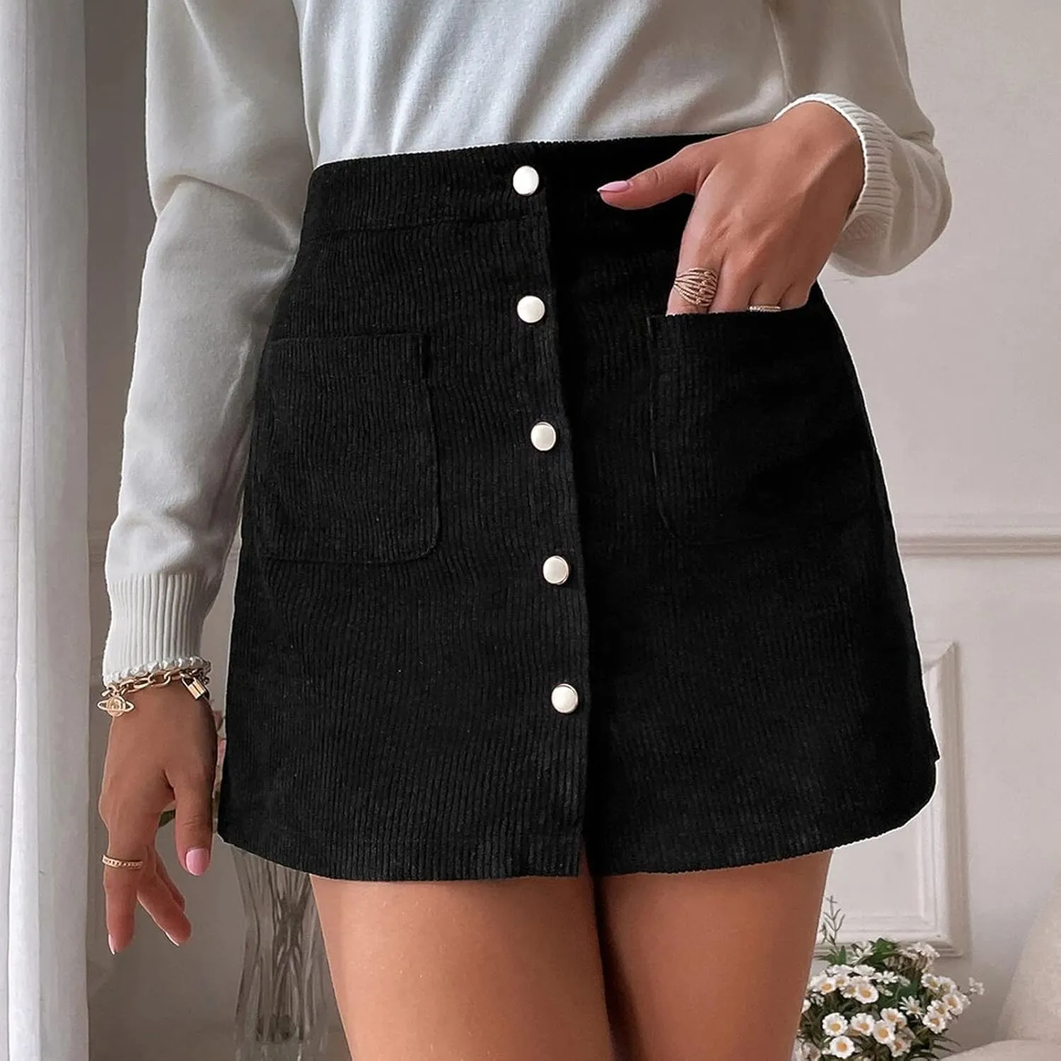 BTDECLAR Women's Button Front Mini Skirt Trendy Work Business High Waist A-line Pleated Corduroy Skater Skirts with Pockets