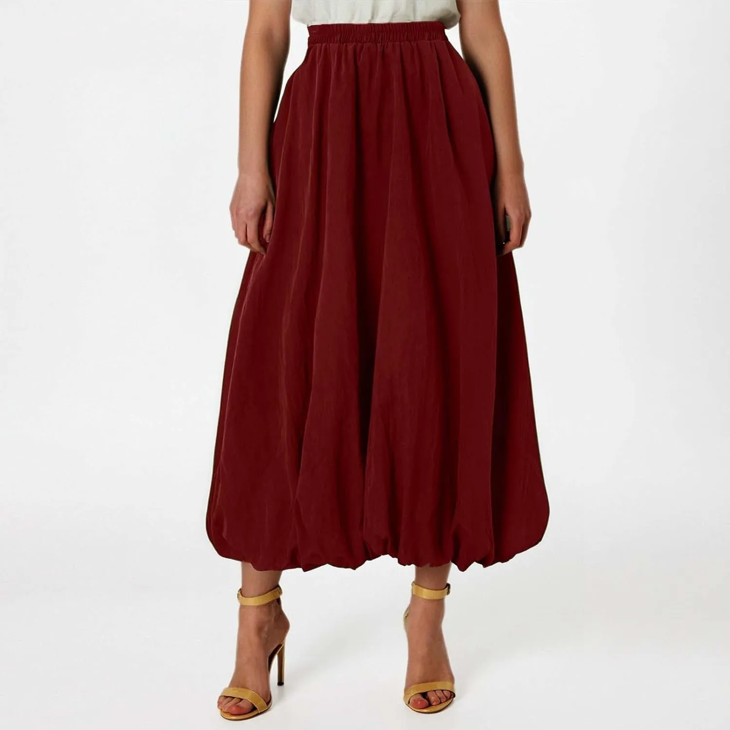Bubble Skirts for Women Y2K Elastic Waist Pleated Flowy A-Line Puffy Hem Bubble Midi Long Skirt Dress with Pockets