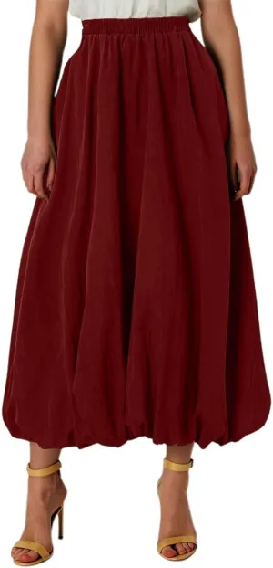 Bubble Skirts for Women Y2K Elastic Waist Pleated Flowy A-Line Puffy Hem Bubble Midi Long Skirt Dress with Pockets