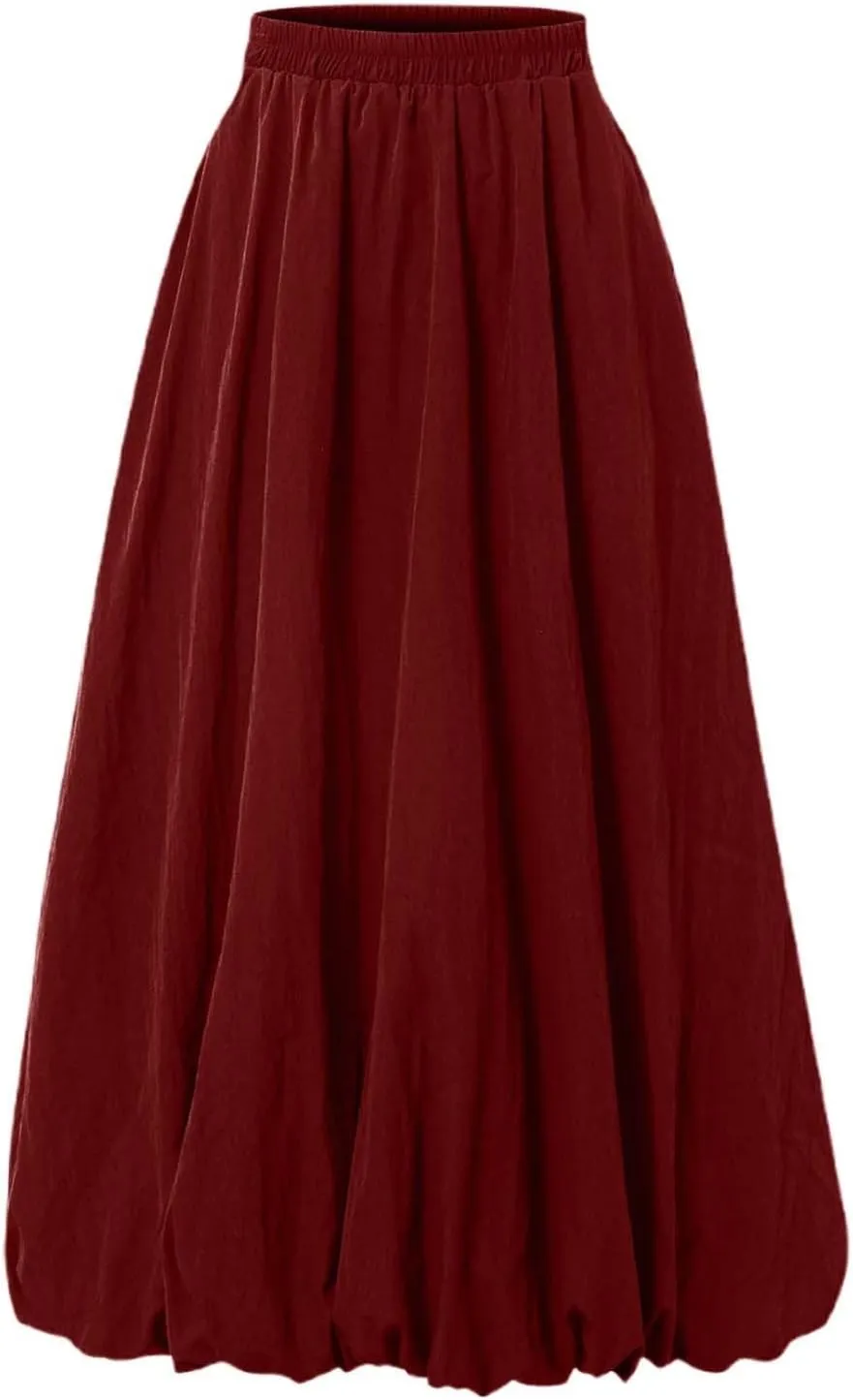 Bubble Skirts for Women Y2K Elastic Waist Pleated Flowy A-Line Puffy Hem Bubble Midi Long Skirt Dress with Pockets