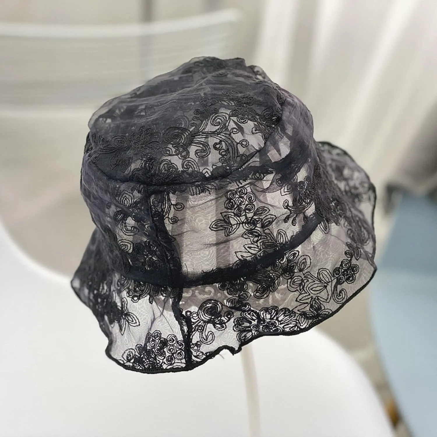 Bucket Hat Buckets Hat Women Transparent Lace Flower Beach Panama Hats High Top Female Flower Sun Lady Cap Summer T