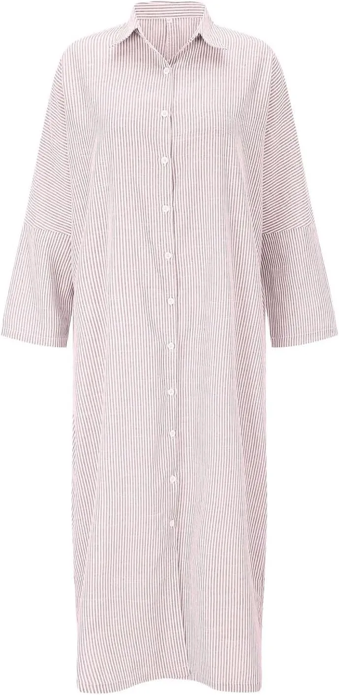 Button Down Shirt Dress for Womens Casual Long Sleeve Loose Striped Maxi Dresses Loose Fit Dress with Pockets