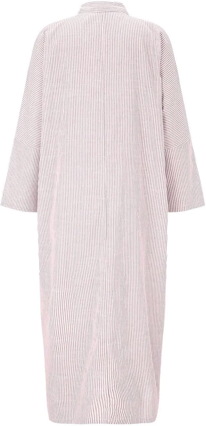 Button Down Shirt Dress for Womens Casual Long Sleeve Loose Striped Maxi Dresses Loose Fit Dress with Pockets