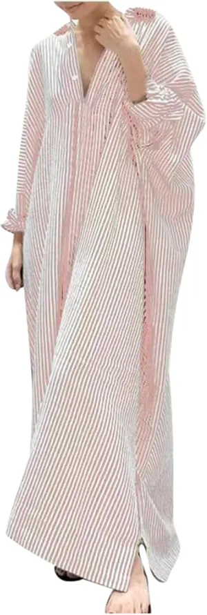 Button Down Shirt Dress for Womens Casual Long Sleeve Loose Striped Maxi Dresses Loose Fit Dress with Pockets