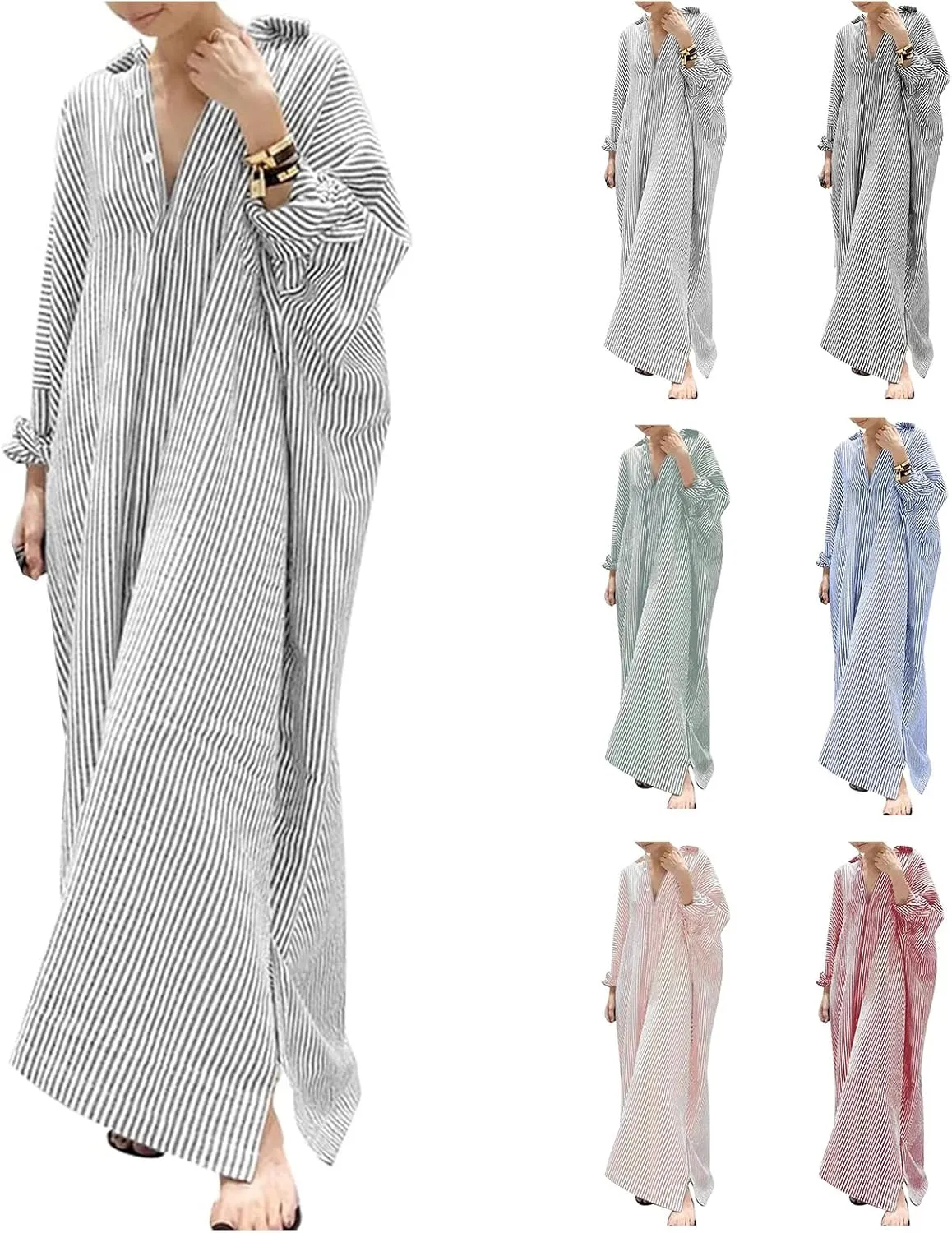 Button Down Shirt Dress for Womens Casual Long Sleeve Loose Striped Maxi Dresses Loose Fit Dress with Pockets