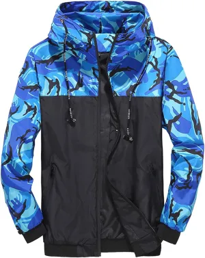 Camouflage Windbreaker Jacket for Men Colorblock Hooded Wind Jackets Slim Fit Casual Lightweight Jackets Rain Coats