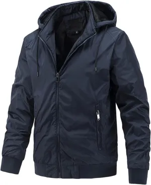 Canbebig Men's Thin Jackets Casual Work Track Jacket Solid Removable Hooded Jackets Windbreaker with Warm Light Inner Padding