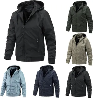 Canbebig Men's Thin Jackets Casual Work Track Jacket Solid Removable Hooded Jackets Windbreaker with Warm Light Inner Padding