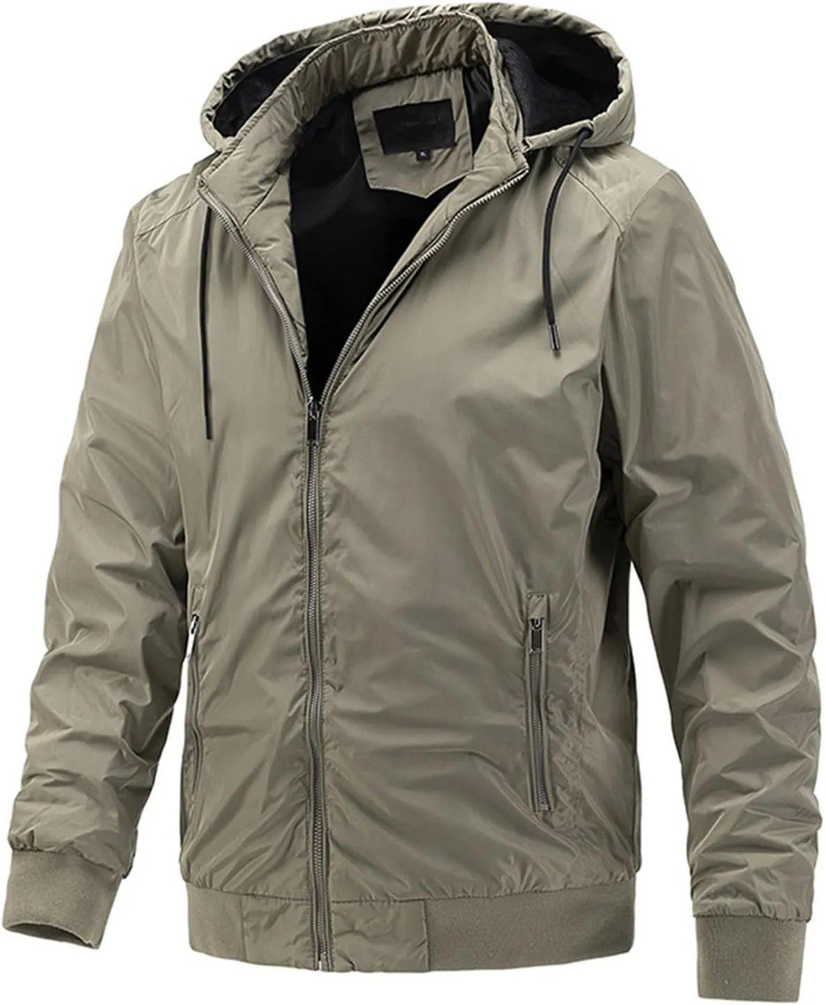 Canbebig Men's Thin Jackets Casual Work Track Jacket Solid Removable Hooded Jackets Windbreaker with Warm Light Inner Padding