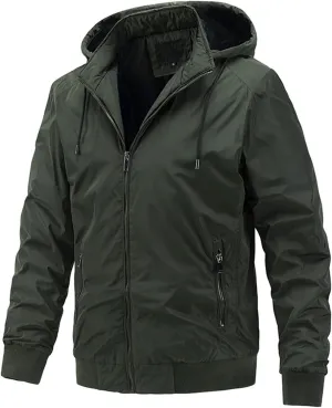 Canbebig Men's Thin Jackets Casual Work Track Jacket Solid Removable Hooded Jackets Windbreaker with Warm Light Inner Padding